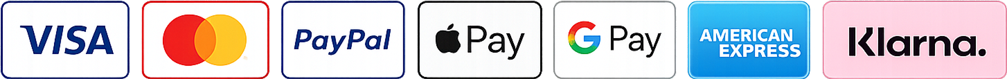 Accepted payment methods: Visa, Mastercard, PayPal, Apple Pay, Google Pay, American Express, Klarna